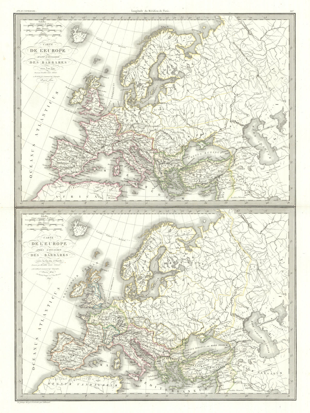 Carte de l'Europe… l'invasion des barbares. Barbarian invasions. LAPIE 1830 map